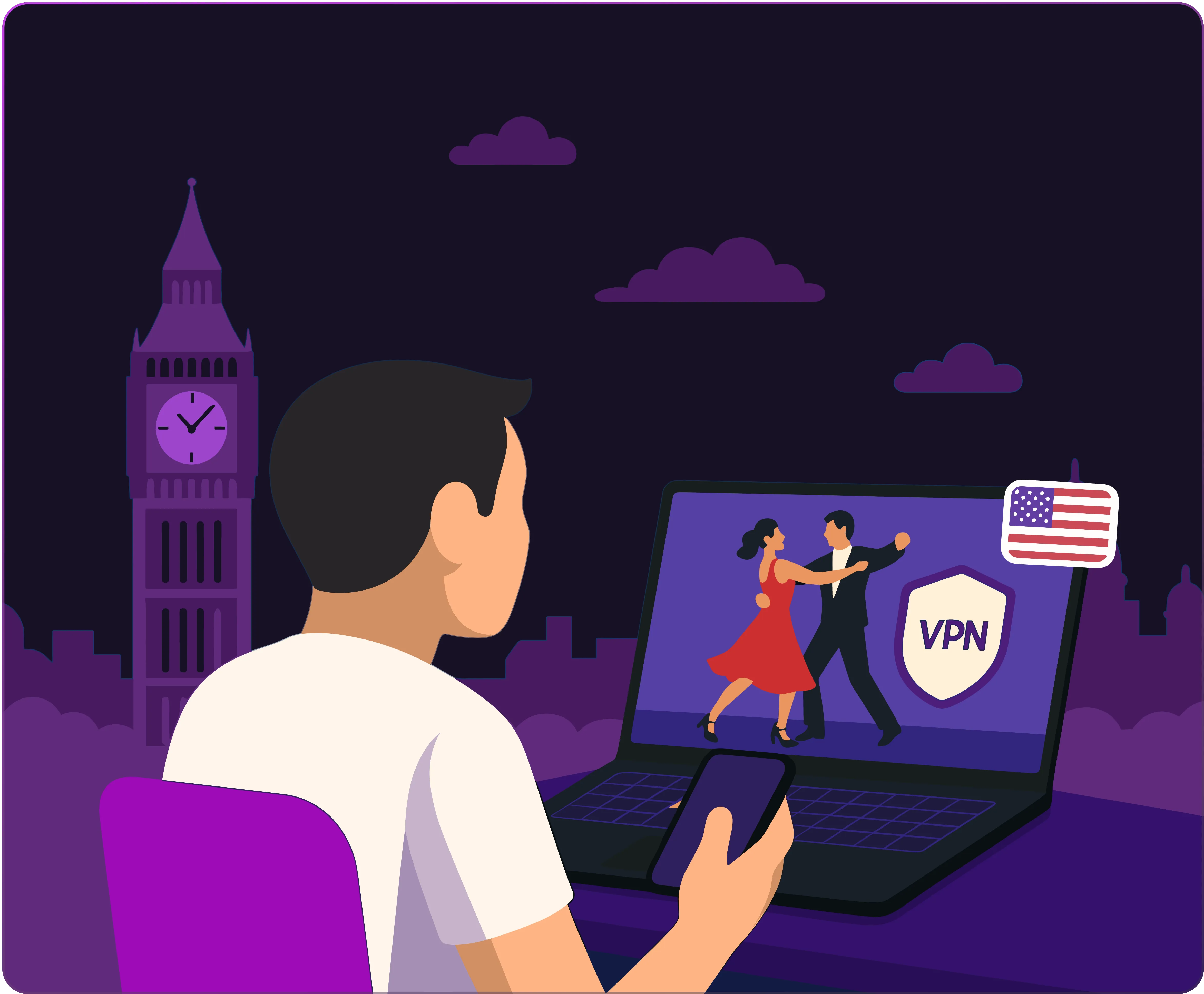 Illustration of a person watching a dance show on a laptop while holding a phone, with a London city skyline and VPN icon in the background.